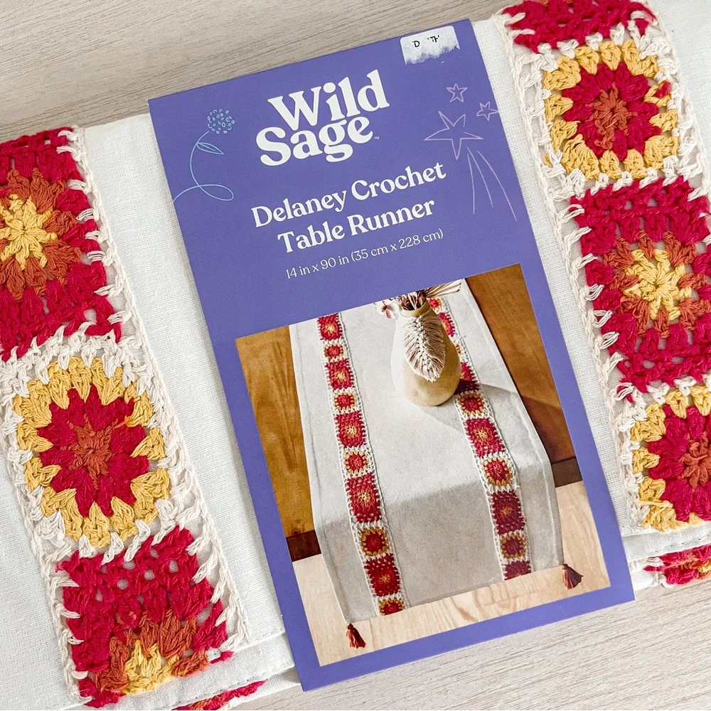 NEW Wild Sage Delaney Crochet Table Runner with Tassels 14 in x 90 in